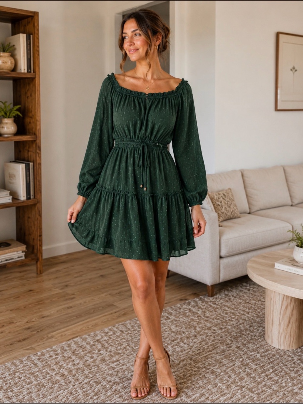 Off-Shoulder Forest Green Tiered Dress